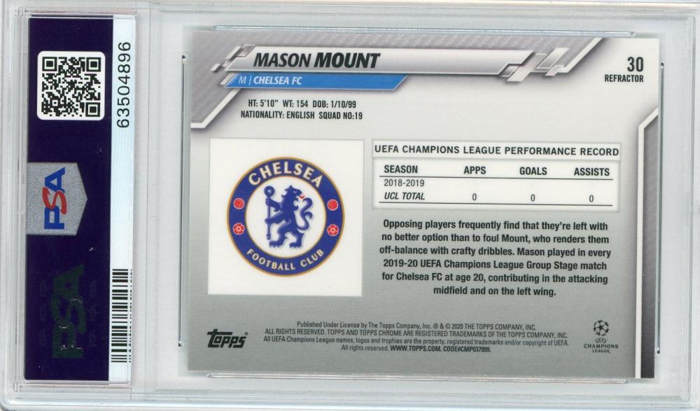 2019-20 Topps Chrome UEFA Champions League Chelsea FC Mason Mount Base Refractor PSA 10 Rookie Card