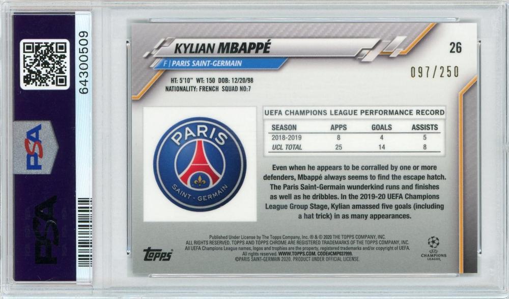 2019-20 Topps Chrome UEFA Champions League Paris Saint-Germain Kylian Mbappe Base Purple card graded PSA 10 097 of 250