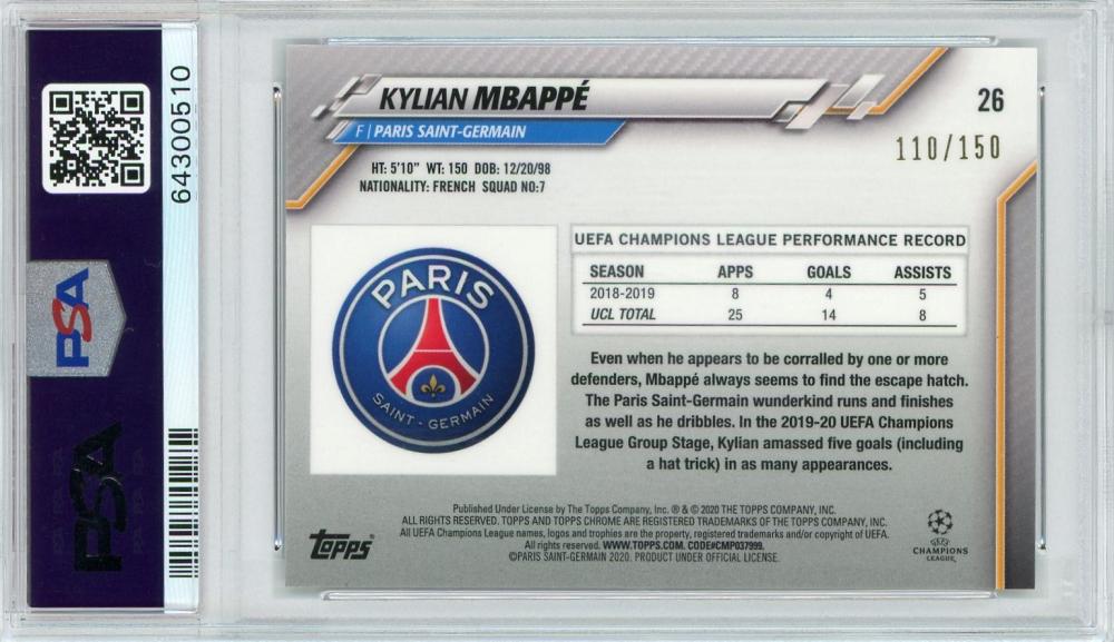 2019-20 Topps Chrome UEFA Champions League Kylian Mbappe Paris Saint-Germain base blue card graded PSA 9