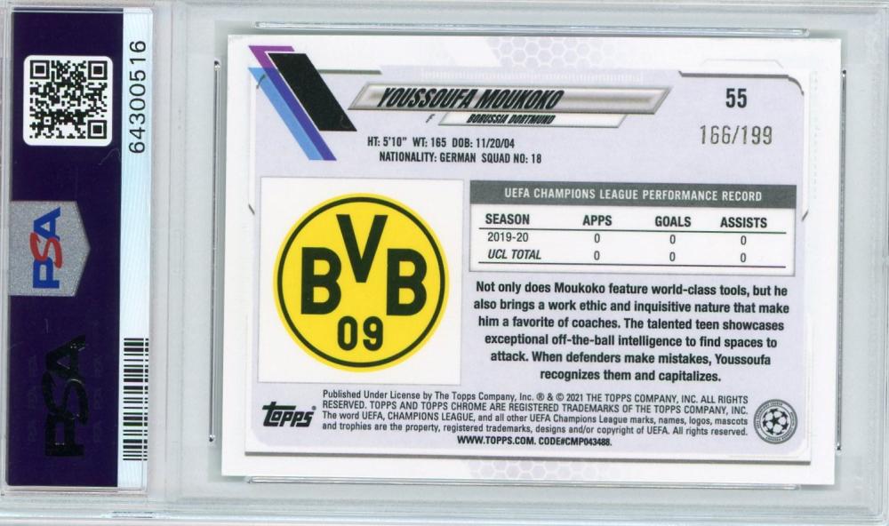 2020-21 Topps Chrome UEFA Champions League Borussia Dortmund Youssoufa Moukoko PSA 9 rookie card