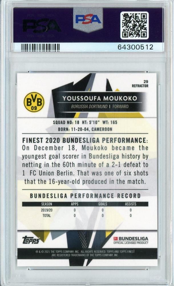 2020-21 Topps Finest Bundesliga Borussia Dortmund Youssoufa Moukoko Base Refractor PSA 10 Rookie Card Parallel