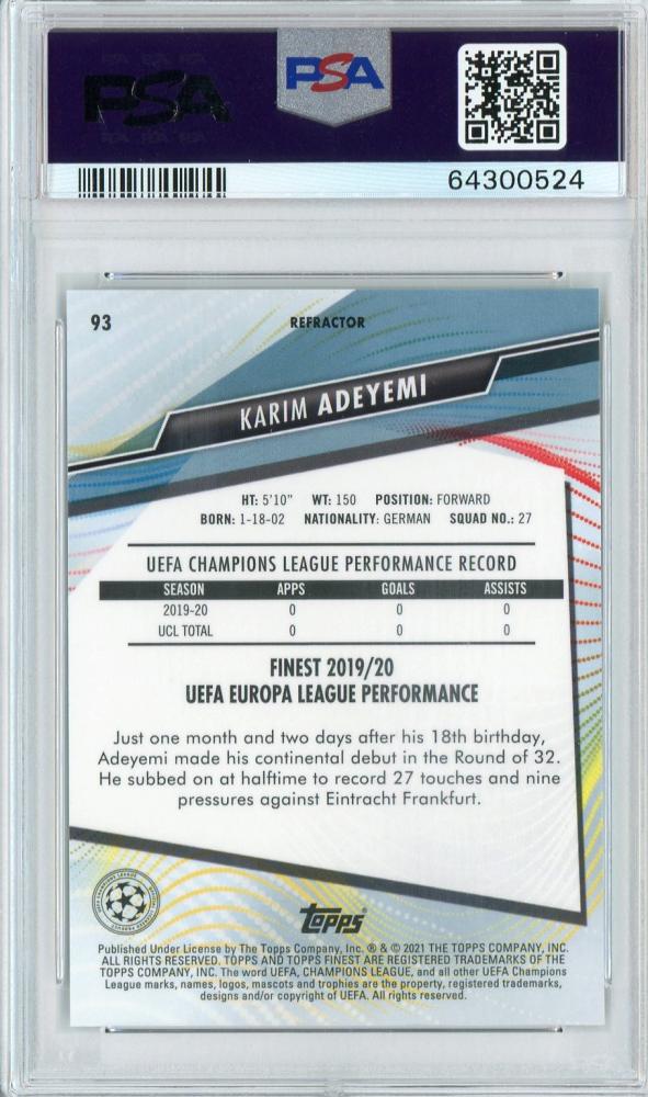 2020-21 Topps Finest UEFA Champions League FC Salzburg Karim Adeyemi Base Refractor PSA 10 RC Parallel card