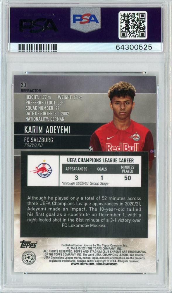2020-21 Topps Stadium Club Chrome UEFA Champions League FC Salzburg Karim Adeyemi Base Refractor PSA 10 RC card