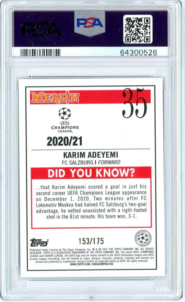 2020-21 Topps Merlin Chrome UEFA Champions League Karim Adeyemi FC Salzburg Base Aqua Speckle PSA 10 Rookie Card