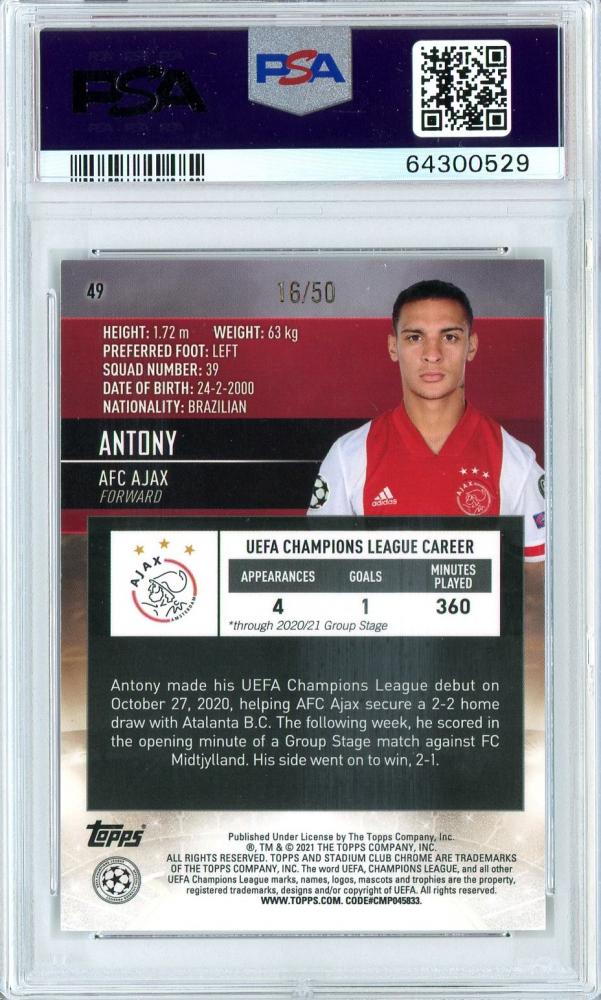 2020-21 Topps Stadium Club Chrome UEFA Champions League AFC Ajax Antony Base Gold PSA 9 Rookie Card Parallel 16 of 50