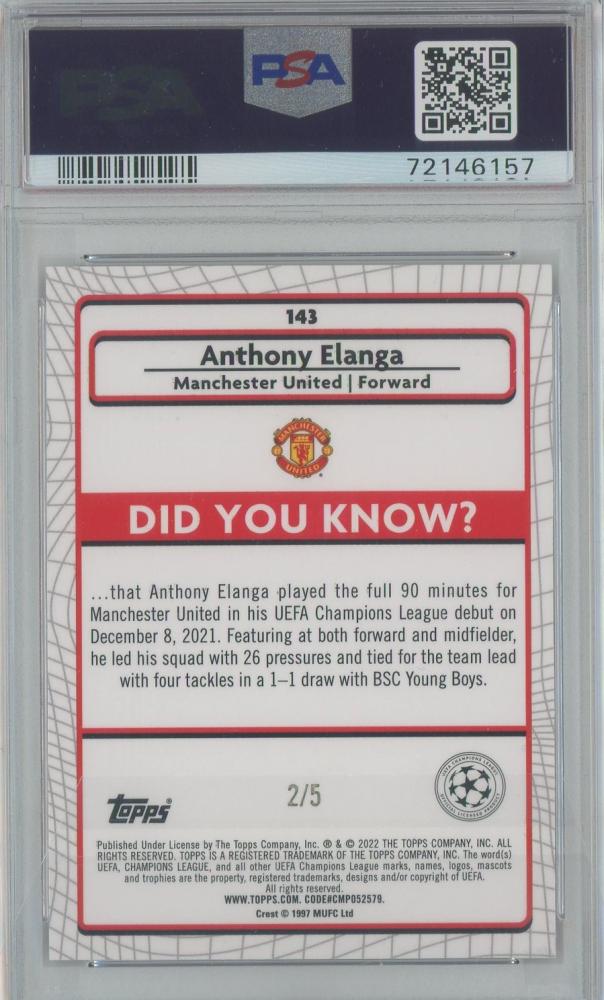 2021-22 Merlin Chrome UEFA Anthony Elanga rookie card Red Wave Refractor 2 of 5 graded PSA10 Manchester United