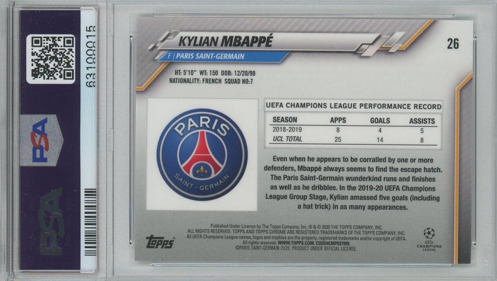2019 Topps Chrome UCL Kylian Mbappe Blue Bubbles Refractor #26 graded PSA9 card featuring Paris-Saint-Germain