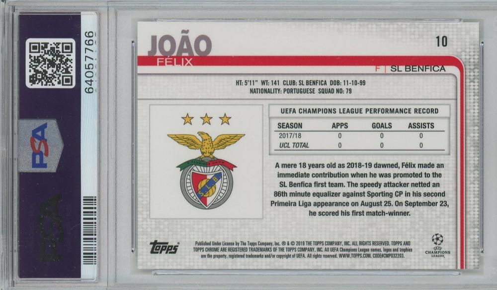 2018 Topps Chrome UCL Joao Felix SL Benfica #10 graded PSA10 collectible card