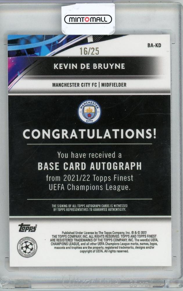 2021-22 TOPPS Finest Kevin De Bruyne autograph card #BA-KD numbered 16 out of 25 from Manchester City