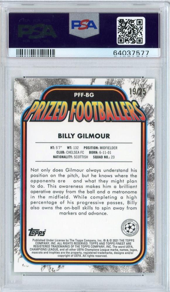 2020-21 Topps Finest UEFA Champions League Chelsea FC Billy Gilmour Rookie Card PSA 9 Green-Red Parallel