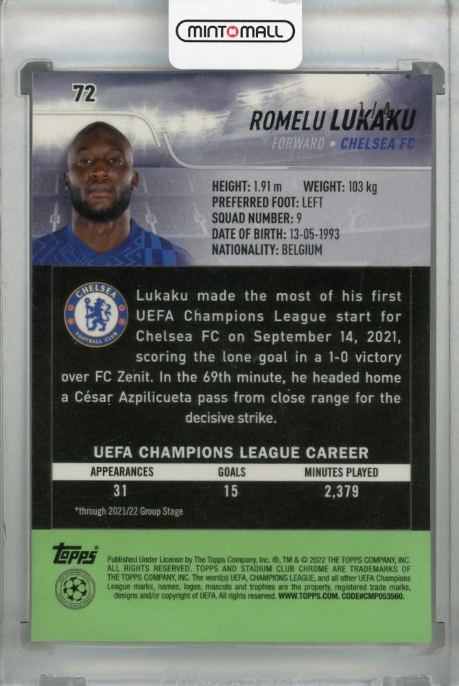2021-22 Topps Stadium Club Chrome UEFA Champions League Romelu Lukaku Chelsea FC Red Orange Electric Charge trading card