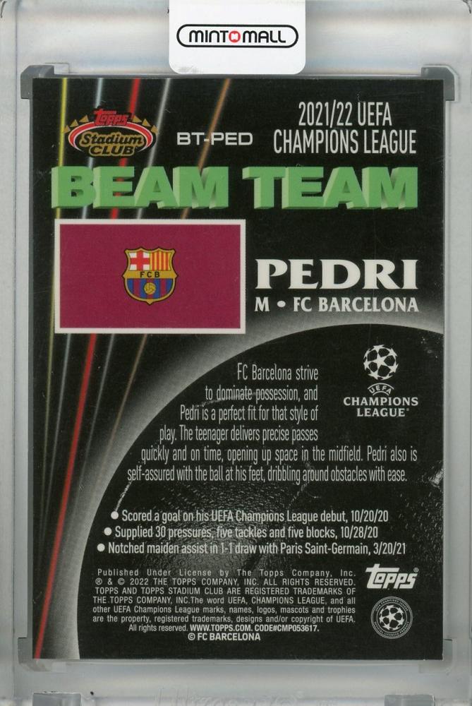 2021-22 Topps Stadium Club Chrome UEFA Champions League Pedri 1992 Beam Team card featuring FC Barcelona