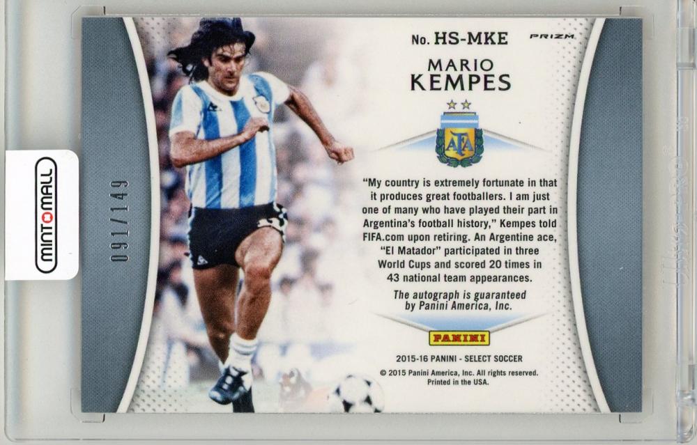 2015 Panini Select Mario Kempes Historic Signatures collectible card numbered 91 out of 149 from Argentina