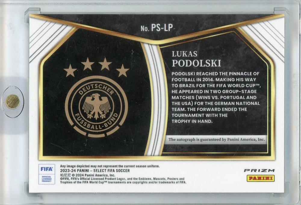 2023-24 PANINI SELECT FIFA Lukas Podolski Autograph trading card featuring player image and signature