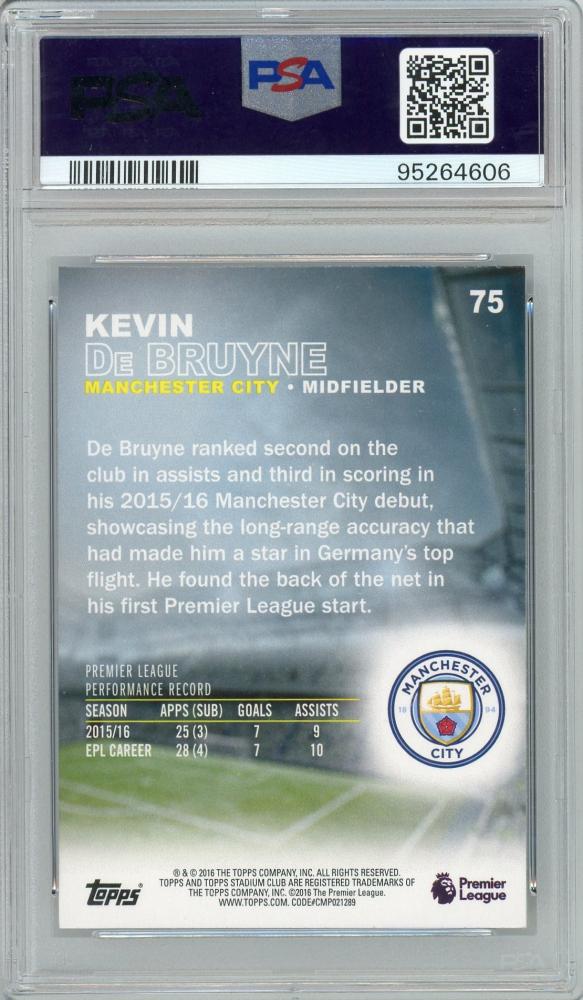 2016 Topps Stadium Club Premier League Kevin De Bruyne Rookie PSA10 trading card featuring Manchester City