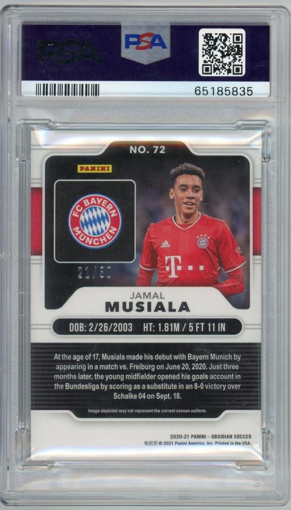 2020-21 Obsidian Jamal Musiala Electric Etch Blue graded PSA10 card numbered 21 of 30 Bayern Munchen
