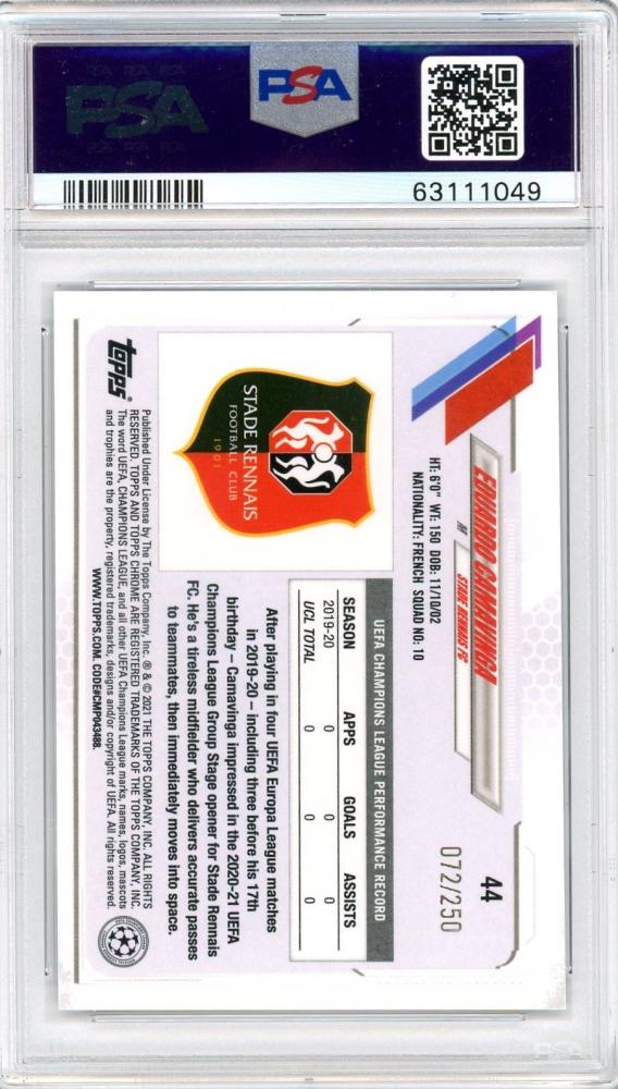 2020-21 Topps Chrome UEFA Champions League Eduardo Camavinga Base Purple Mini-Diamond Rookie Card PSA 9