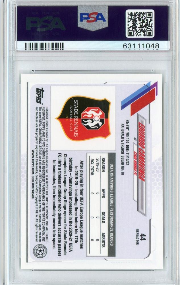 2020-21 Topps Chrome UEFA Champions League Stade Rennais FC Eduardo Camavinga Base Refractor RC PSA 10 card