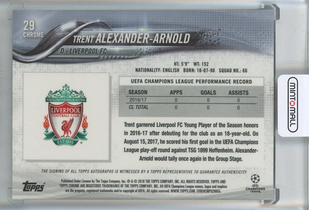 2017-18 Topps Chrome Trent Alexander Arnold autograph trading card Liverpool FC