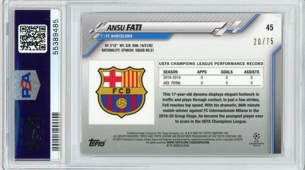 2019-20 Topps Chrome UEFA Champions League FC Barcelona Ansu Fati Base Blue Wave 20/75 PSA Cleared trading card