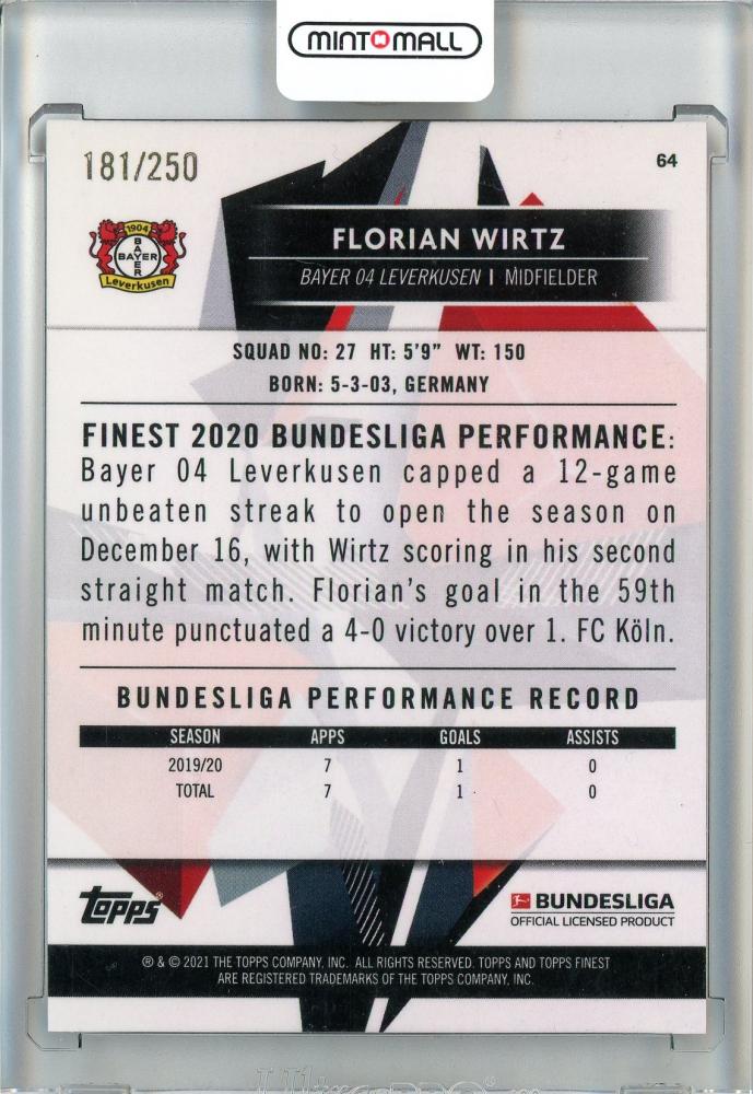2020-21 Topps Finest Bundesliga Florian Wirtz Base Purple Refractor trading card from BAYER 04 LEVERKUSEN