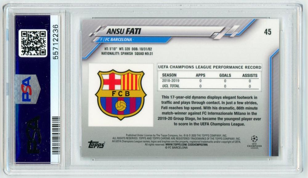 2019-20 Topps Chrome UEFA Champions League Ansu Fati Base Speckle Refractor PSA 10 FC Barcelona trading card