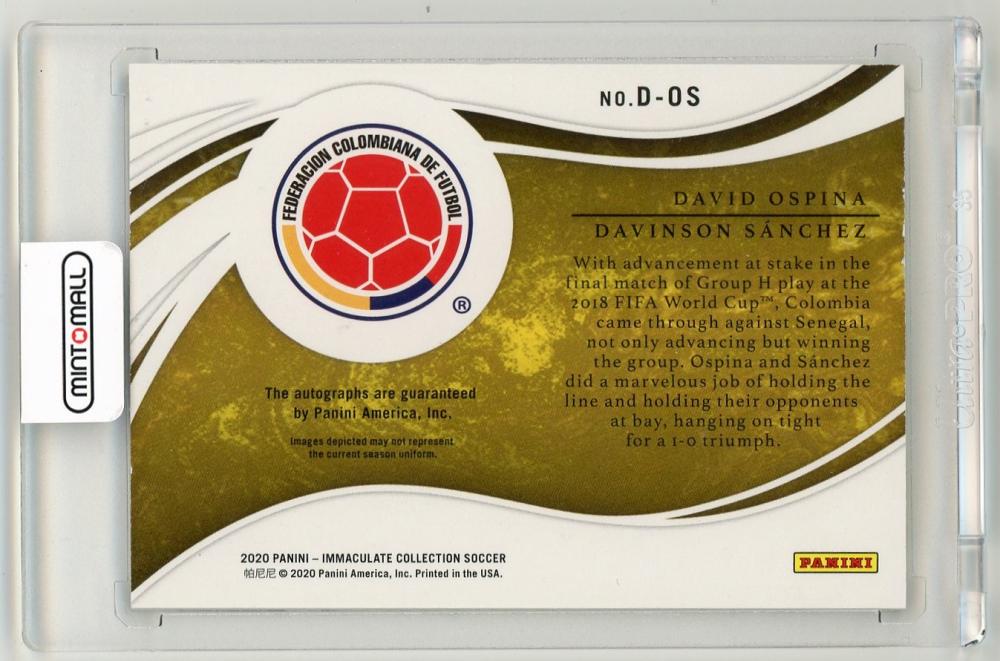 2020 Panini Immaculate Collection dual autographs card of David Ospina and Davinson Sanchez numbered 11 of 35