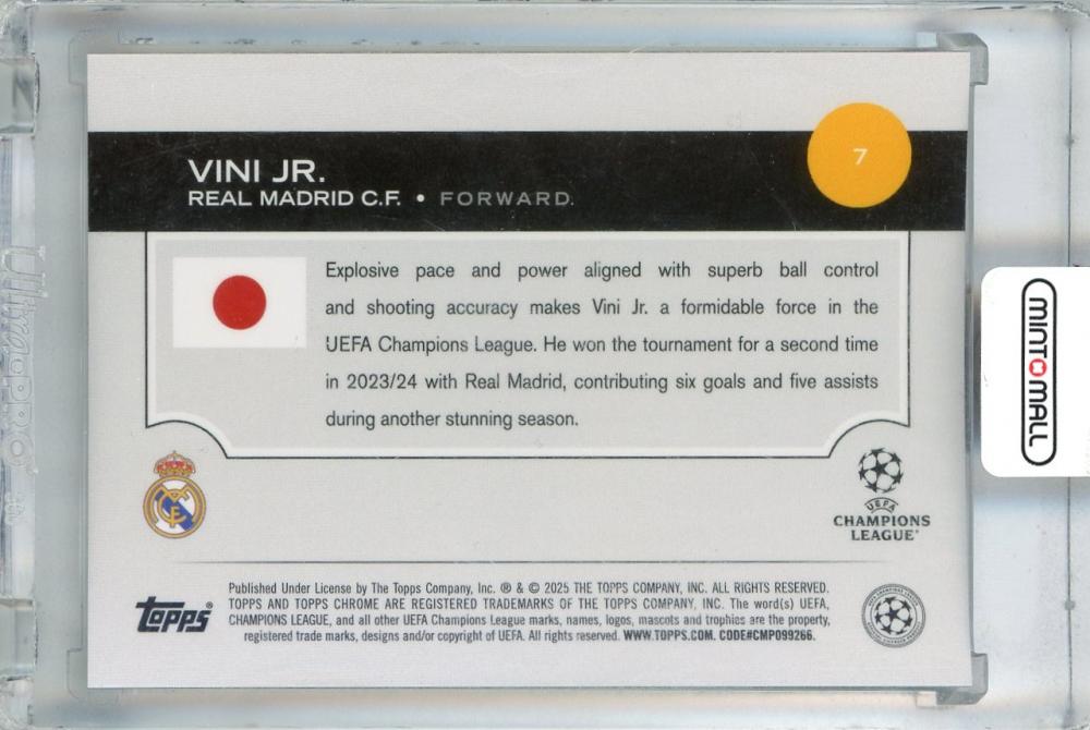 2024-25 Topps Uefa Japan Edition Vini Jr Cherry Blossom Refractor Variation #7 soccer card with minor stain on back