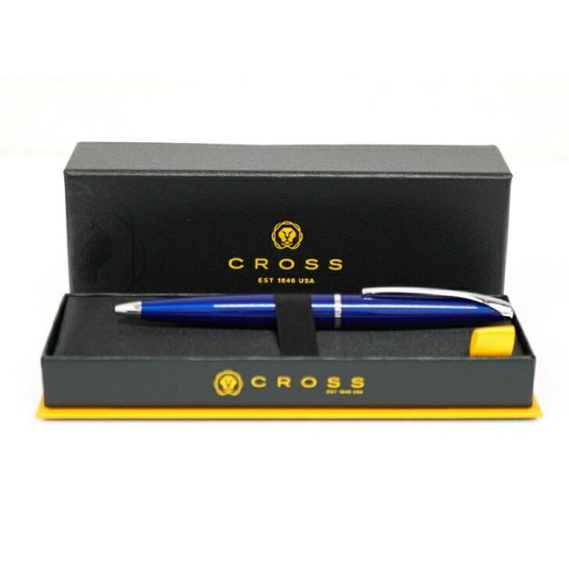 CROSS ATX 882-37 ballpoint pen with translucent blue lacquer and chrome accents, 139 mm length