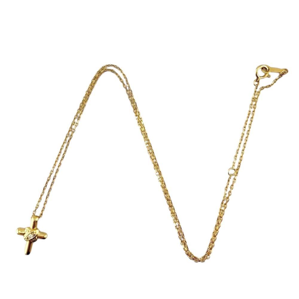 Mikimoto ladies 18K yellow gold cross necklace with diamond detail and K18 stamp on clasp