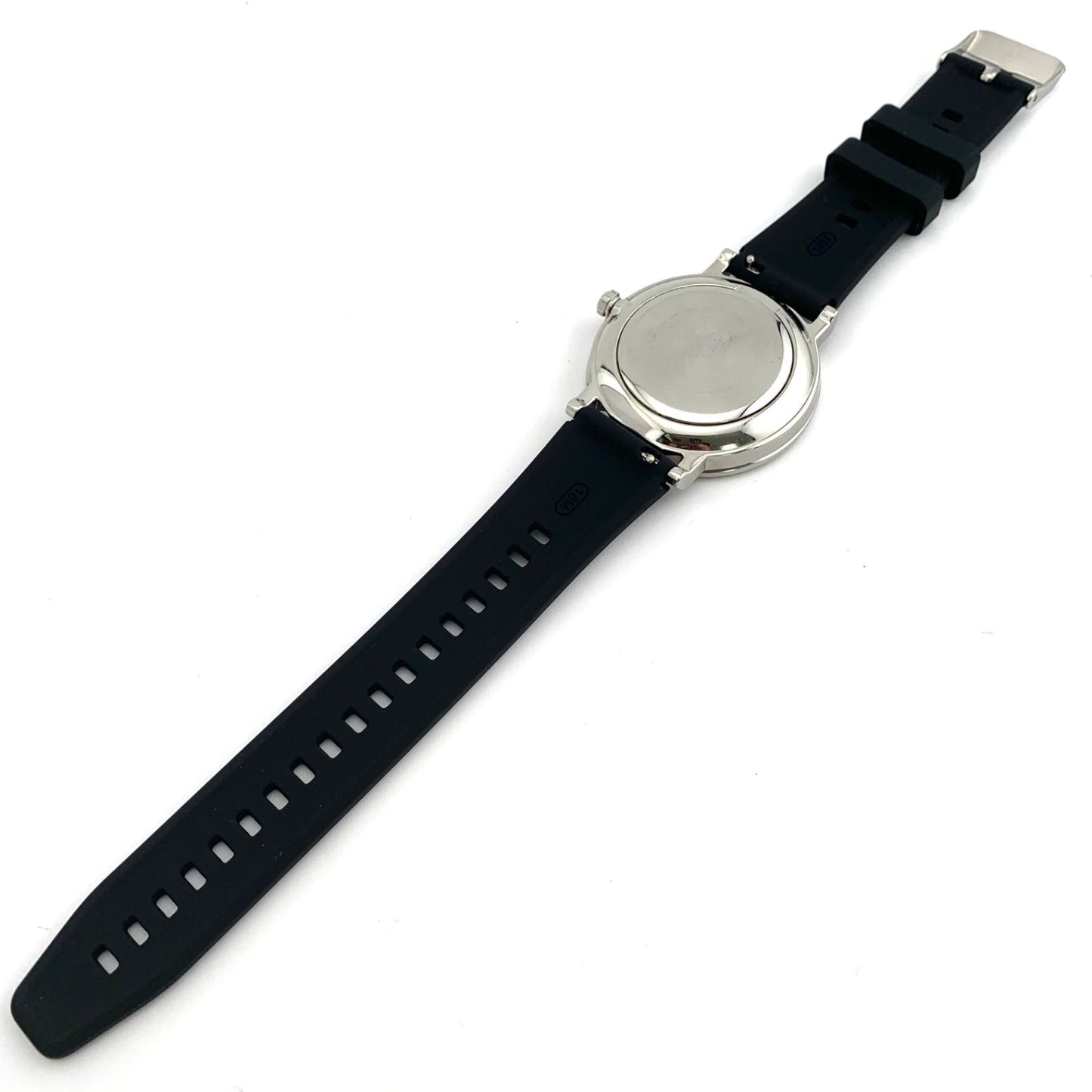 中古CITIZEN E168 Eco-Drive black watch with stainless steel case and new rubber band showing date display