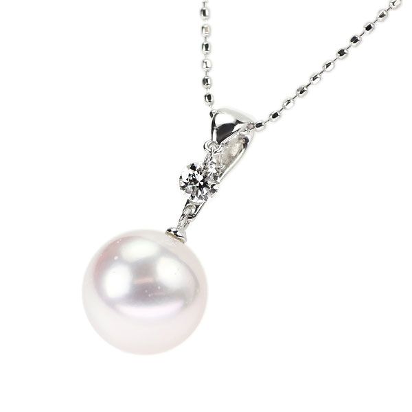 K18WG Akoya pearl pendant necklace with 9.4mm pearl and diamond on 45cm white gold chain
