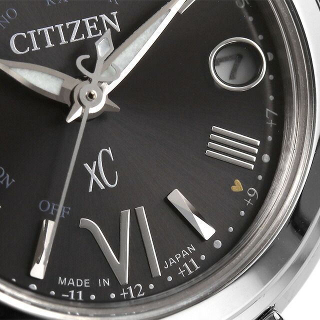 Citizen xC ES9430-89E ladies wristwatch with black dial and light silver band, solar radio-controlled Eco-Drive movement