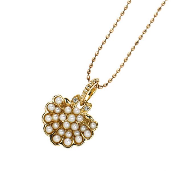 Agete K10PG pendant necklace with seed pearl center and diamond side stones on a 40.5 cm chain