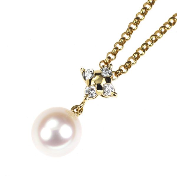 Mikimoto K18YG Akoya Pearl Diamond Pendant Necklace with 7.8mm pearl and 40cm yellow gold chain