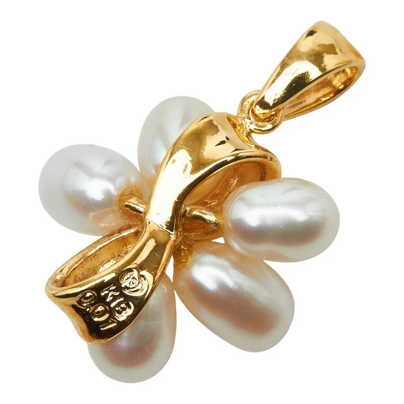Tasaki yellow gold pendant top with 4x6mm pearl and 0.01ct diamond accents