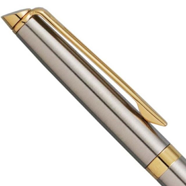 Waterman Metropolitan Essential stainless steel ballpoint pen with 23 karat gold trim and satin finish