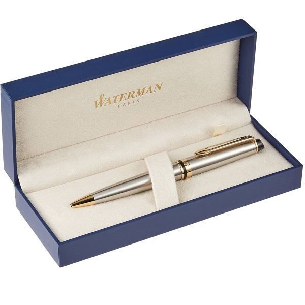 Waterman Expert Essential Metallic GT s0951990 fountain pen with stainless steel hairline finish and gold plated clip