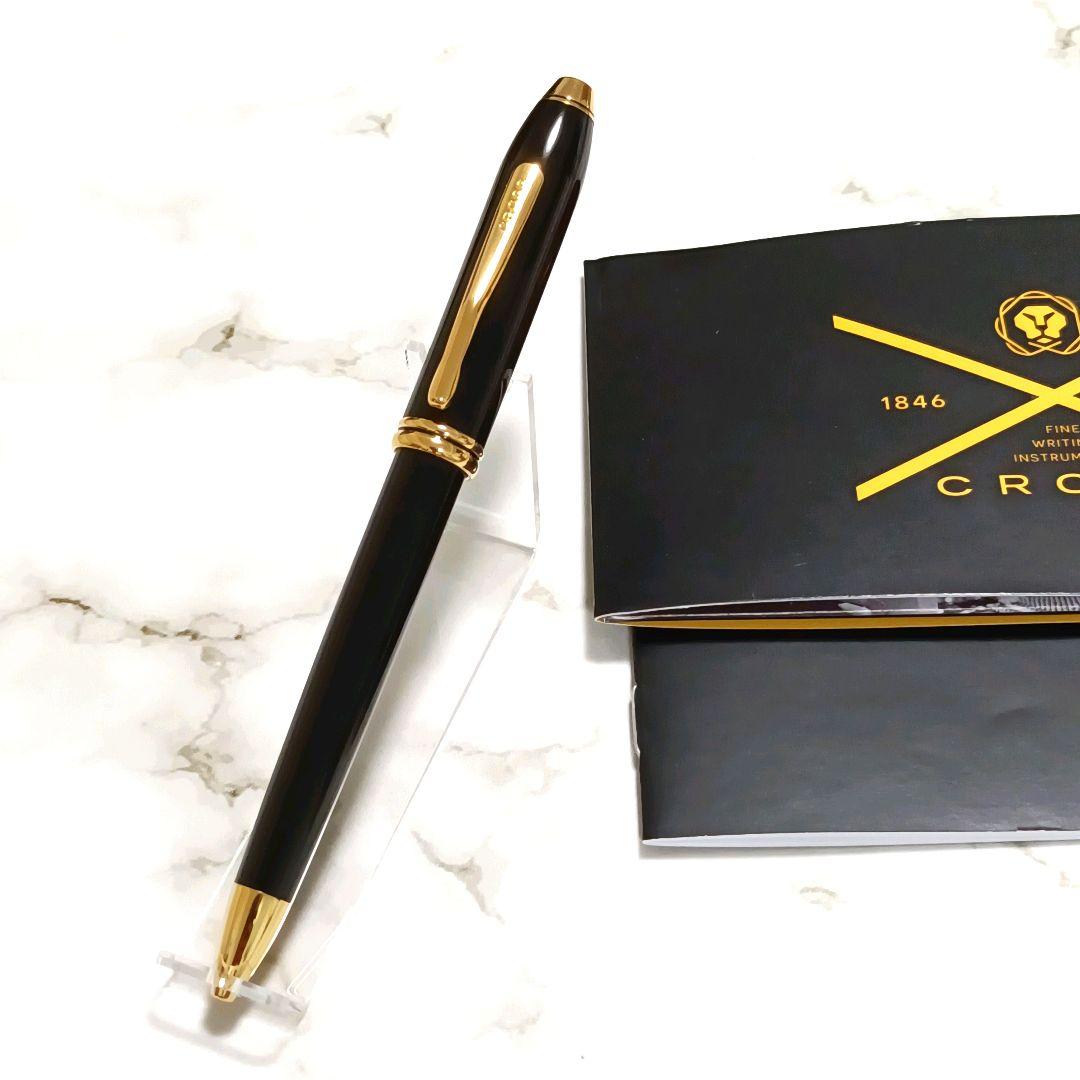 Cross Townsend black lacquer ballpoint pen with gold accents and tanwrap detail length 150mm