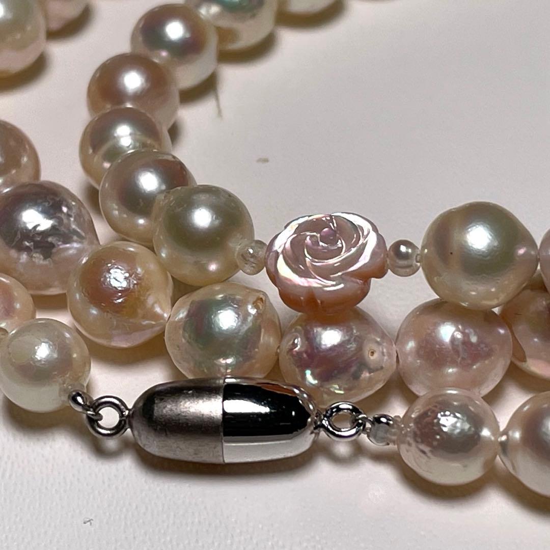 Shell Rose and Akoya Pearl long necklace with 6.5-9.5mm pearls measuring approximately 80.1 cm