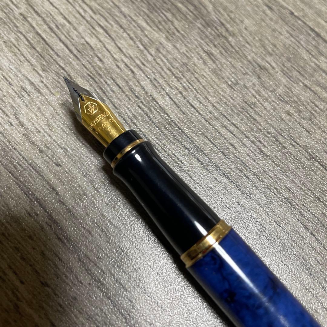 Waterman Blue Marble fountain pen with fine nib, showing blue marbled design and silver accents