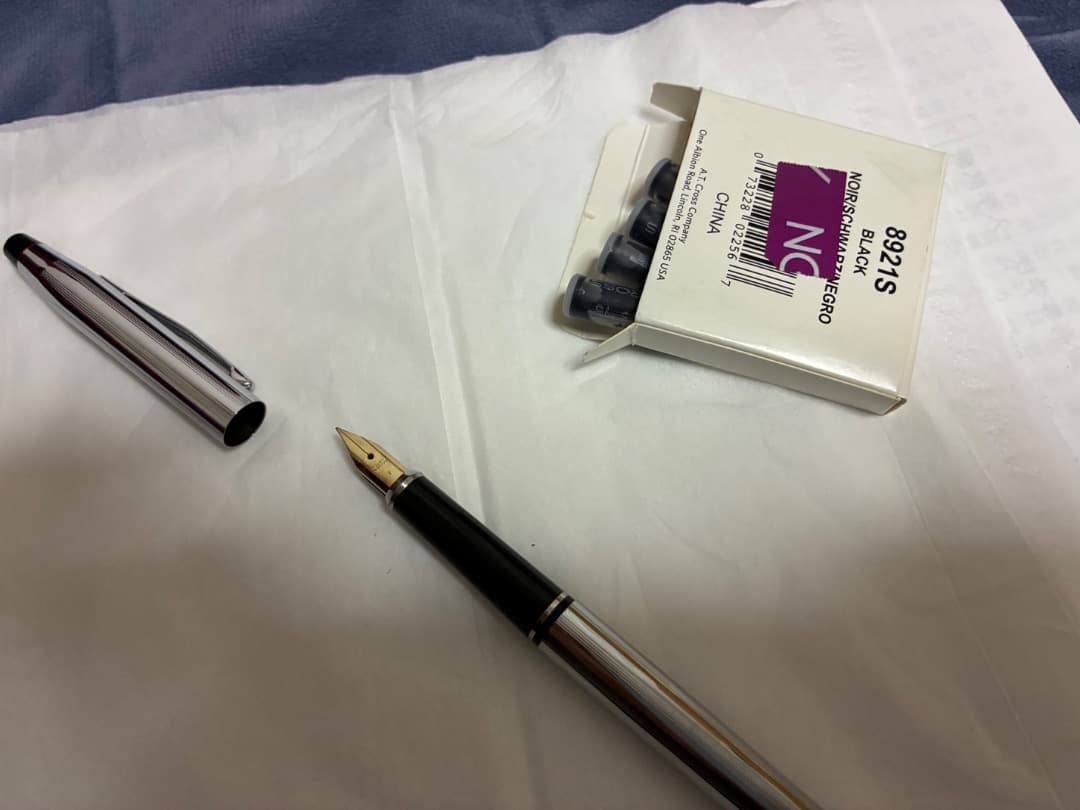 Cross Fountain Pen Model F in black finish with NC 89215 ink cartridge displayed alongside