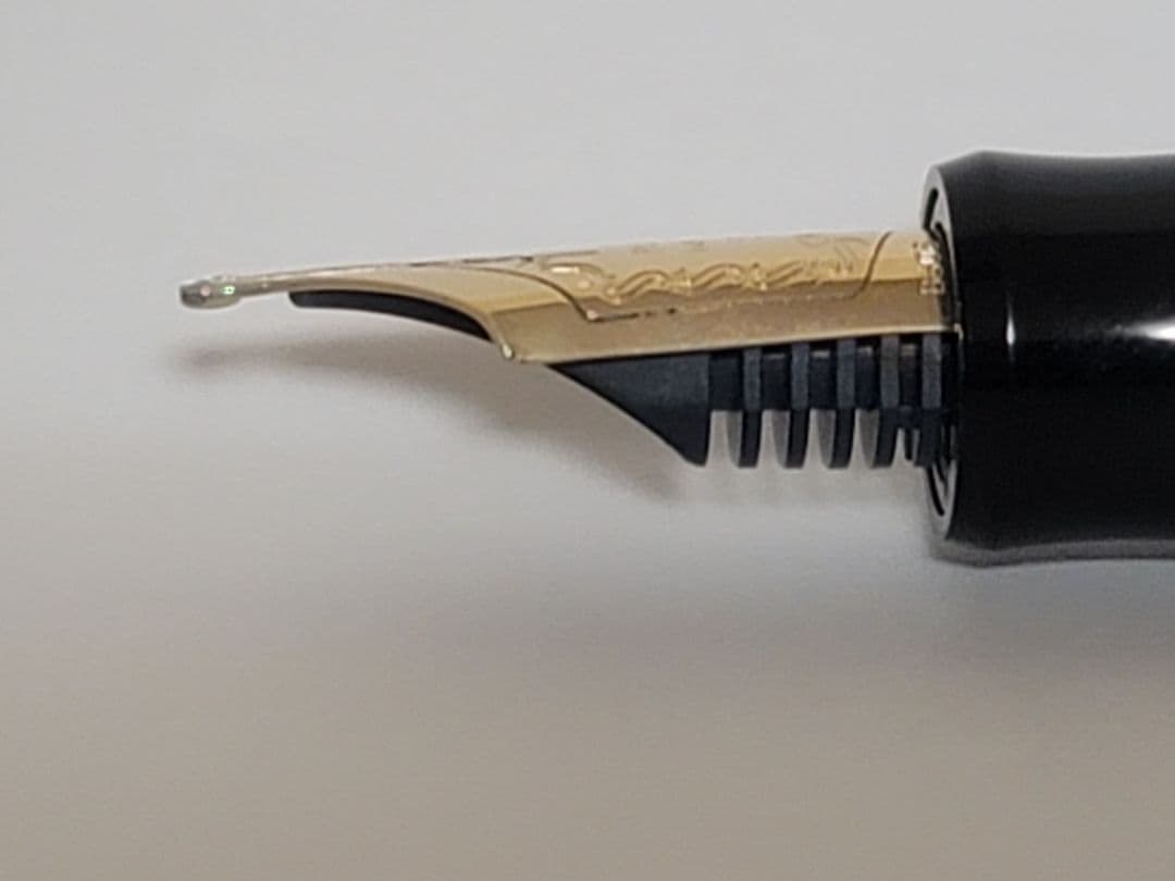 Pilot black fountain pen with 14K No 5 MS music nib, showing minor signs of use