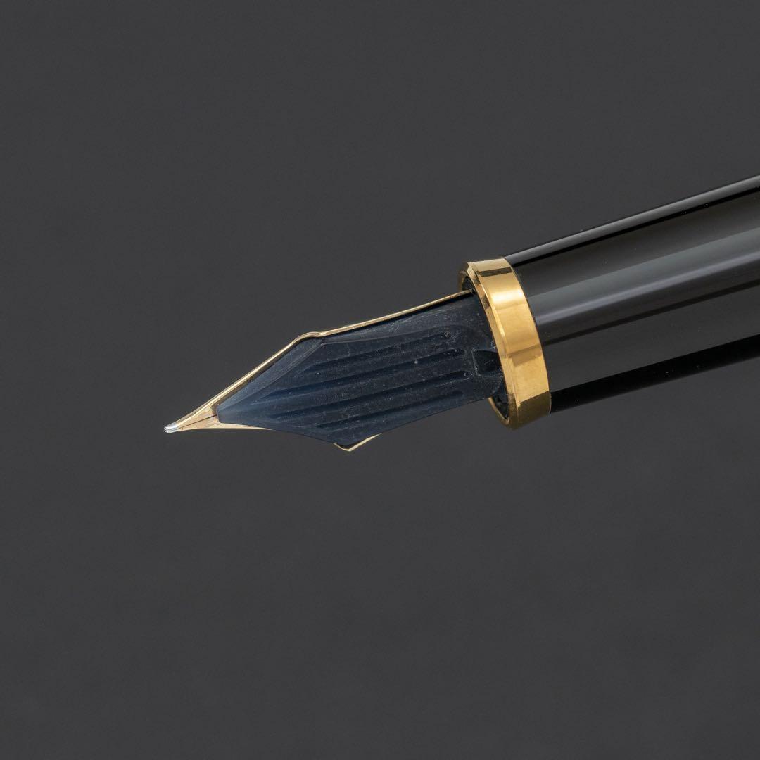 Pilot fountain pen with 14k gold fine nib, black and gold body, and blue-black ink cartridge included