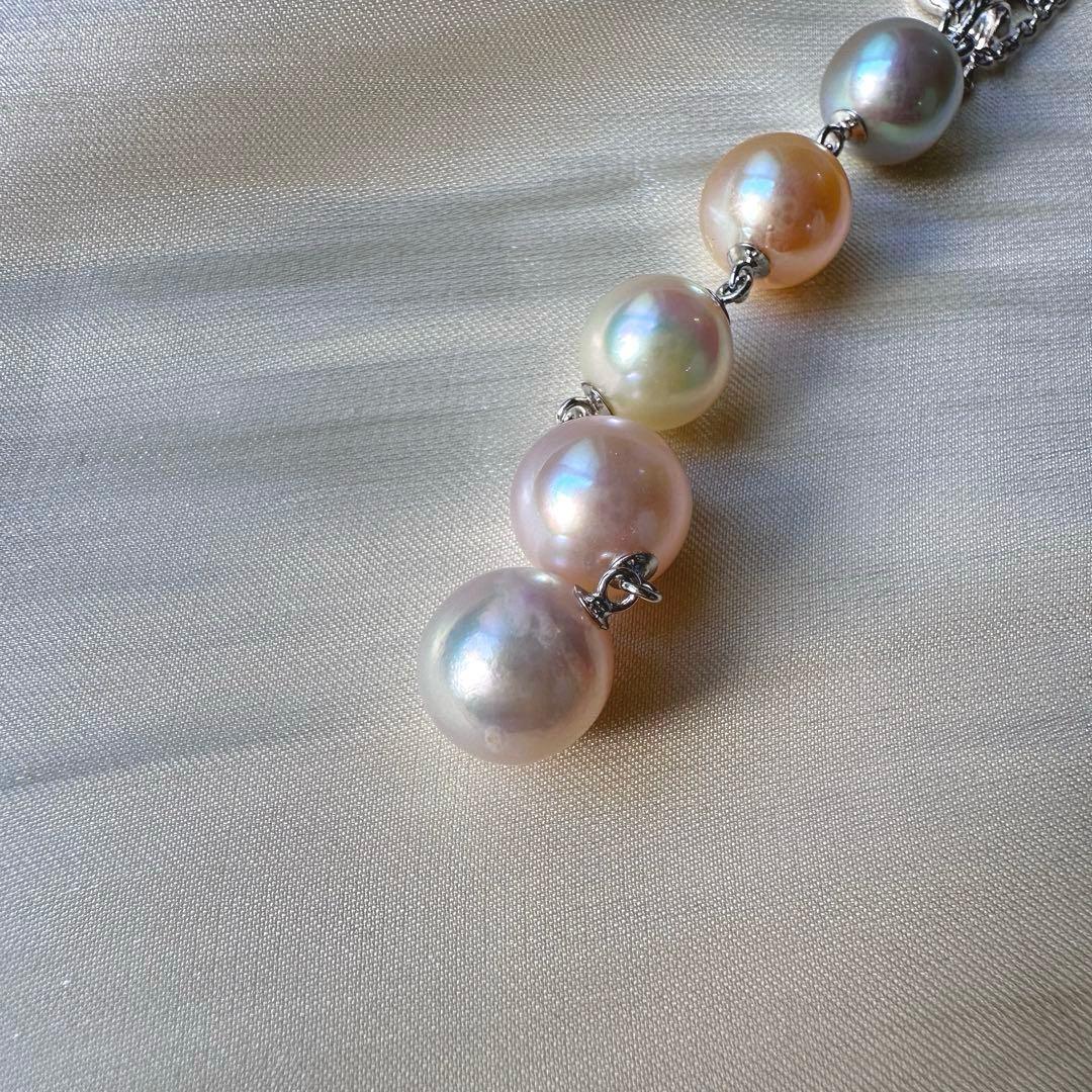 Silver 925 necklace with 5 multi-color Akoya pearls and a 7cm pendant on a 40cm chain