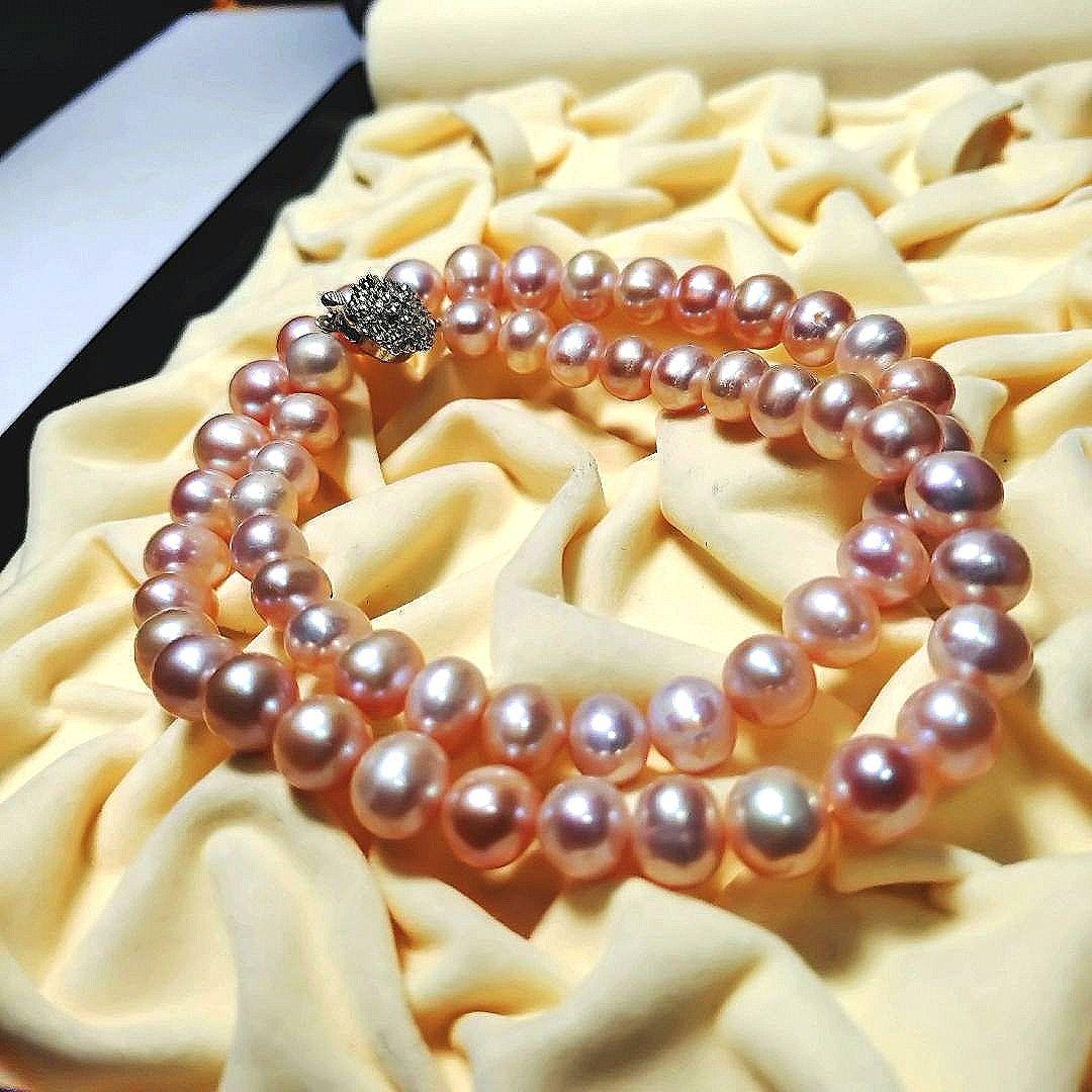 Akoya pink genuine pearl baroque necklace with silver stamp featuring 7.7mm-9.9mm pearls