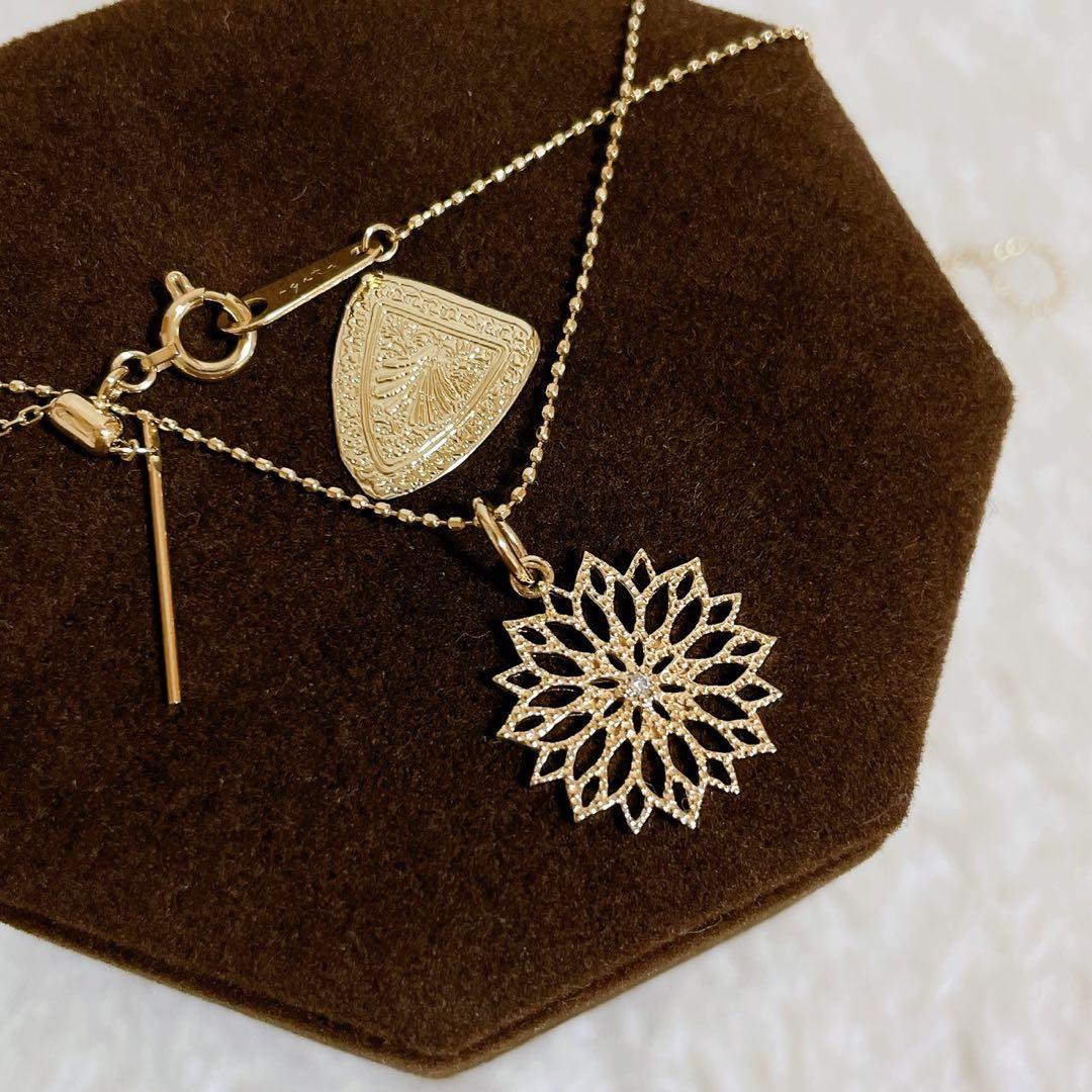 Agete K10 hollow gold necklace with flower motif and adjustable ball-slider clasp