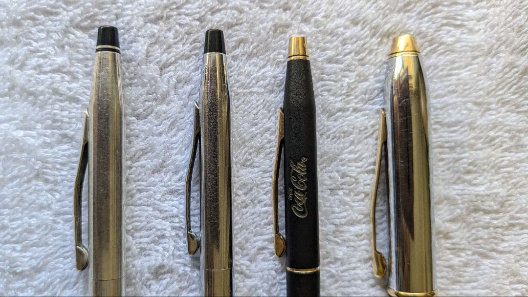 Set of 4 sterling silver Cross ballpoint pens with chrome finish and Coca-Cola logo from the 1960s and 1970s