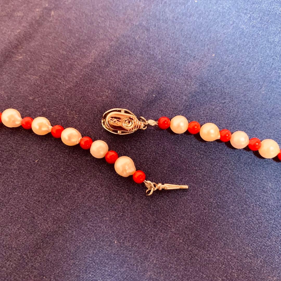 Akoya pearl necklace with red coral beads, 6mm pearls and 3.7-4mm coral beads, 60cm length