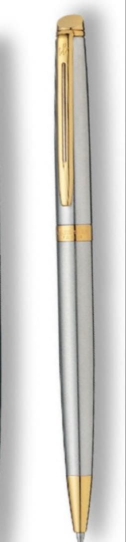 Waterman ballpoint pen with silver body and gold trim on a white background